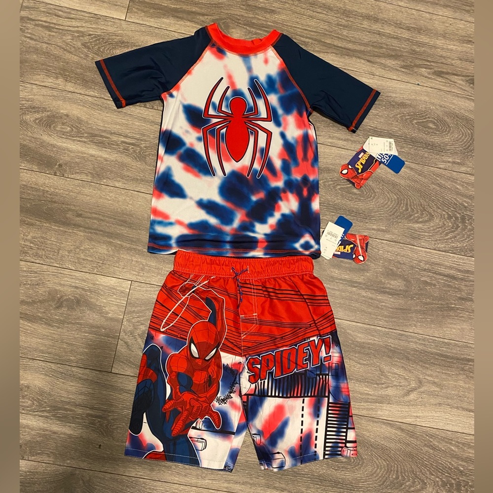 NWT Spider-Man swim trunks and rash guard swim shirt